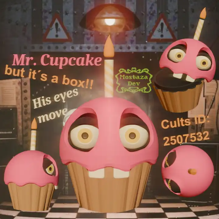 Render de Mr. Cupcake compuesto sobre una captura del juego FNAF