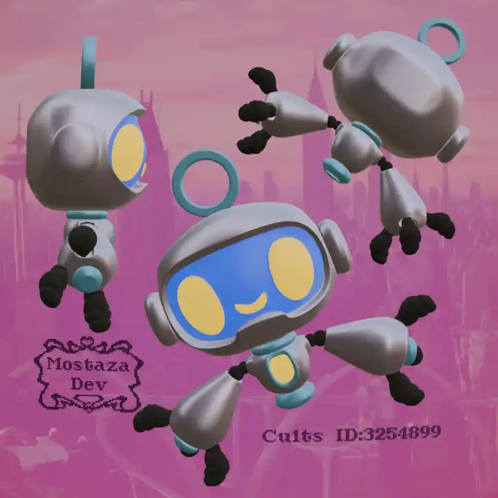 Render del llavero de herbie desde varios angulos, con un fondo de una ciudad purpura, aparenta estar volando.